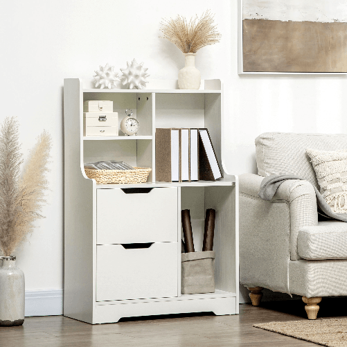 HOMCOM-Mobile-Dispensa-in-MDF-con-2-Cassetti-e-Ripiani-Aperti-per-Soggiorno-Ingresso-e-Cucina-73x35x110-cm-Bianco