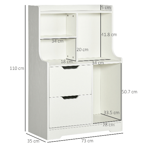 HOMCOM-Mobile-Dispensa-in-MDF-con-2-Cassetti-e-Ripiani-Aperti-per-Soggiorno-Ingresso-e-Cucina-73x35x110-cm-Bianco
