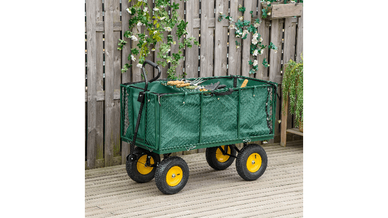 Outsunny Carrello da Giardino 342L con Maniglia Pareti Laterali Ribaltabili  e 4 Ruote, 138x57x84cm, Verde Trasporto a Mano per in Acciaio Portata 350kg