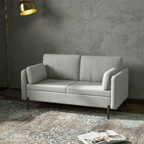 HOMCOM-Divano-2-Posti-per-Soggiorno-in-Tessuto-Effetto-Lino-e-Acciaio-con-Tasche-Laterali-143x73x77cm-Grigio