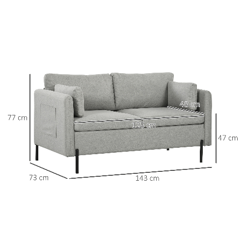 HOMCOM-Divano-2-Posti-per-Soggiorno-in-Tessuto-Effetto-Lino-e-Acciaio-con-Tasche-Laterali-143x73x77cm-Grigio