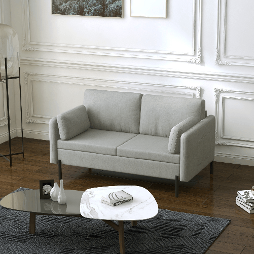 HOMCOM-Divano-2-Posti-per-Soggiorno-in-Tessuto-Effetto-Lino-e-Acciaio-con-Tasche-Laterali-143x73x77cm-Grigio