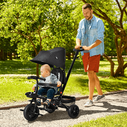 HOMCOM-Triciclo-per-Bambini-Passeggino-Pieghevole-con-Maniglione-Tettuccio-e-Barra-Rimovibili-1-5-Anni---Nero