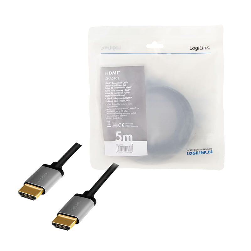 LogiLink---Alta-velocita---Cavo-HDMI-con-Ethernet---Da-HDMI-maschio-a-HDMI-maschio---5-m---Triplo-isolamento---Grigio-Ne