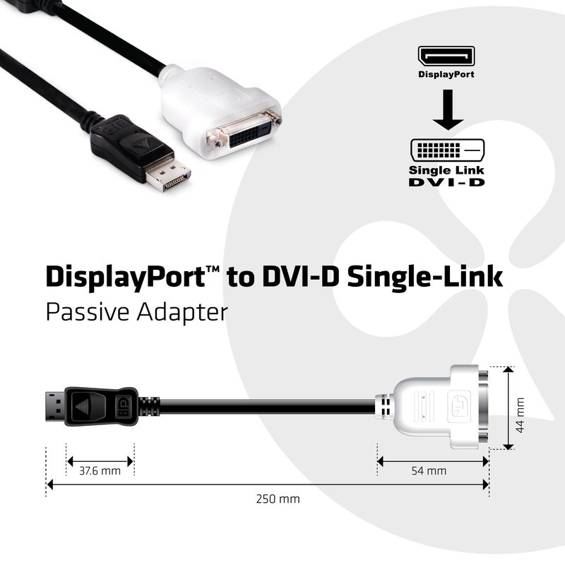 Eingang-DisplayPort-Stecker-Ausgang-DVI-D-Buchse--Club-3D-DisplayPort-auf-DVI-D-Passiver-Adapter--Konform-der-DisplayPor