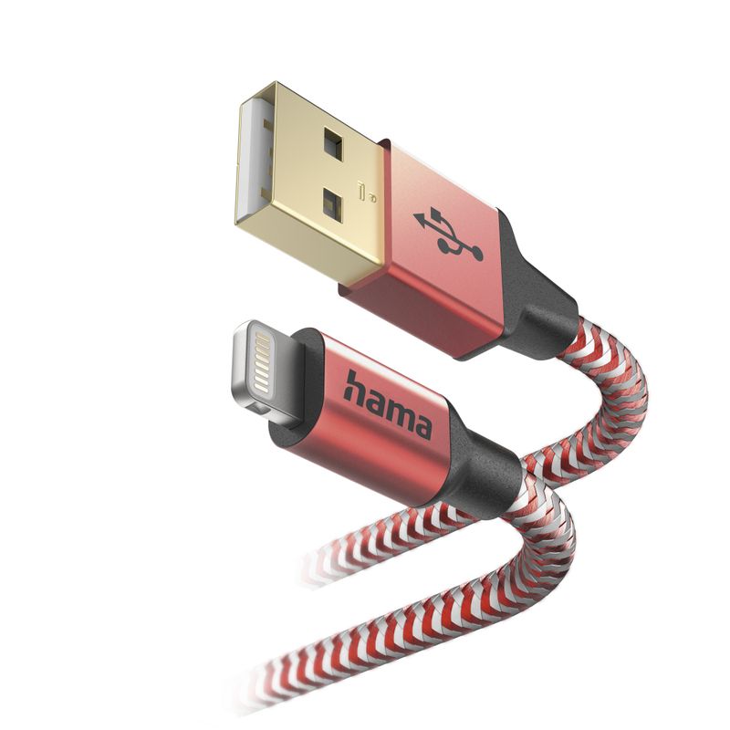 Hama-Reflective-Charging-USB-A-to-Lightning-Cable-480Mbps-Nylon-Sheath-Gold-Plated-1.5-Metre-Red