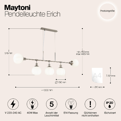 Lampadario-Sospensione-Erich-Metallo-Nichel-5-Luci-E-Diffusori-Bianchi