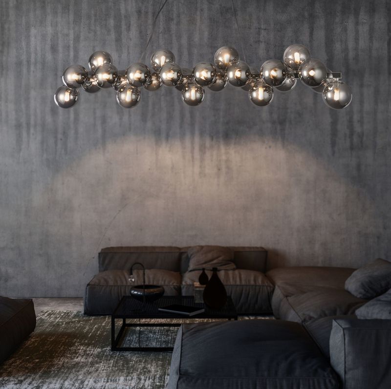 Lampadario-Contemporaneo-Dallas-Metallo-Cromo-25-Luci-Diffusori-Vetro-FumA-