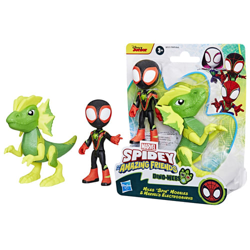 Marvel-Spidey-e-I-Suoi-Fantastici-Amici-Spidey-con-Cattivo-Dino-Miles-Morales-action-figure-di-Miles-Spin-Morales-e--s-Electrosaurus