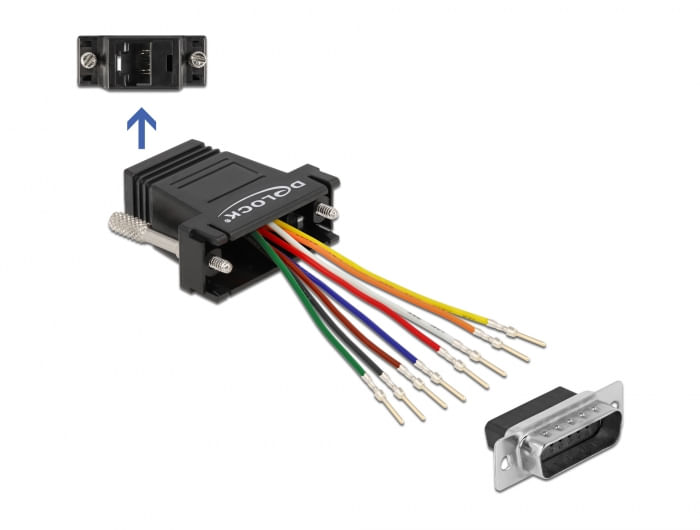 Kit-di-montaggio-adattatore-D-Sub-da-15-pin-maschio-a-RJ45-femmina-Delock-nero