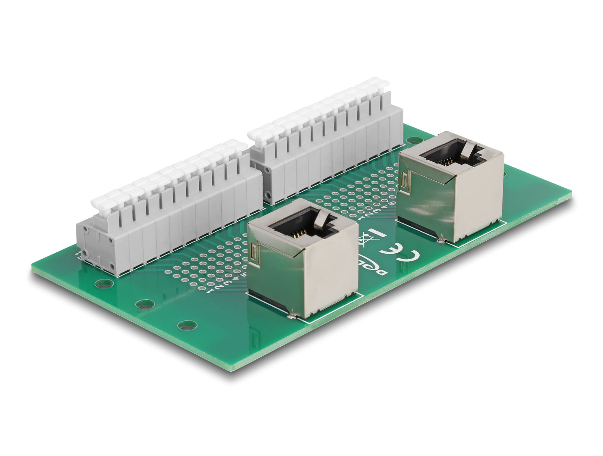 DeLOCK RJ50 2 x femmina per 2 x morsettiera con pulsante per guida DIN angolata