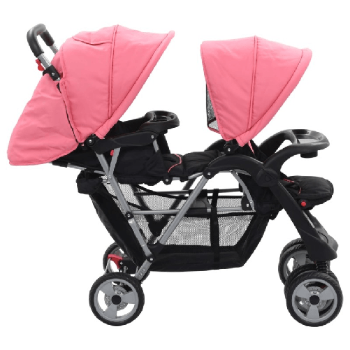 vidaXL-Passeggino-Gemellare-a-Tandem-Rosa-e-Nero-in-Acciaio