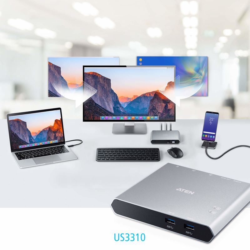 ATEN-Switch-dock-USB-C-Gen-1-a-2-porte-con-pass-through-dell-alimentazione