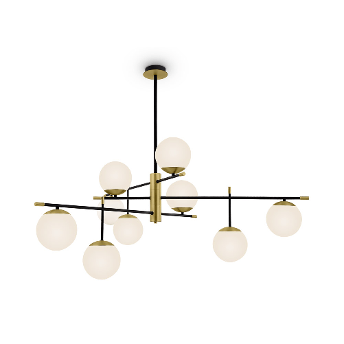 Lampadario-Contemporanea-Nostalgia-Metallo-Oro-Opaco-9-Luci-Diffusori-Bianchi