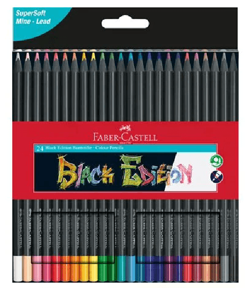 Faber-Castell-Black-Edition-Confezione-da-24-matite-colorate---Mina-super-morbida---Legno-nero---Ideale-per-disegnare-su-carta-chiara-scura-e-colorata---Colori-assortiti