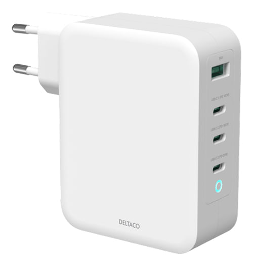 Deltaco-Wall-Charger-1xUSB-A-3xUSB-C-130W---White