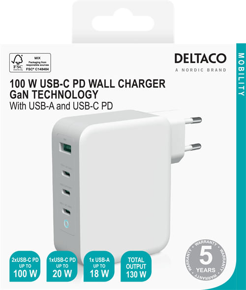 Deltaco-Wall-Charger-1xUSB-A-3xUSB-C-130W---White