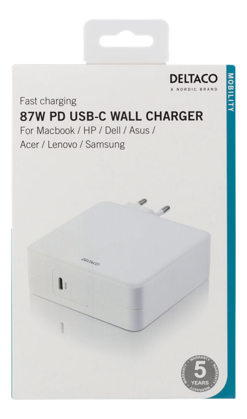 Deltaco-USBC-AC117-Caricabatterie-per-dispositivi-mobili-Bianco-Interno--Deltaco-87W-Charger-USB-C-PD-Fast-Charging-MacB