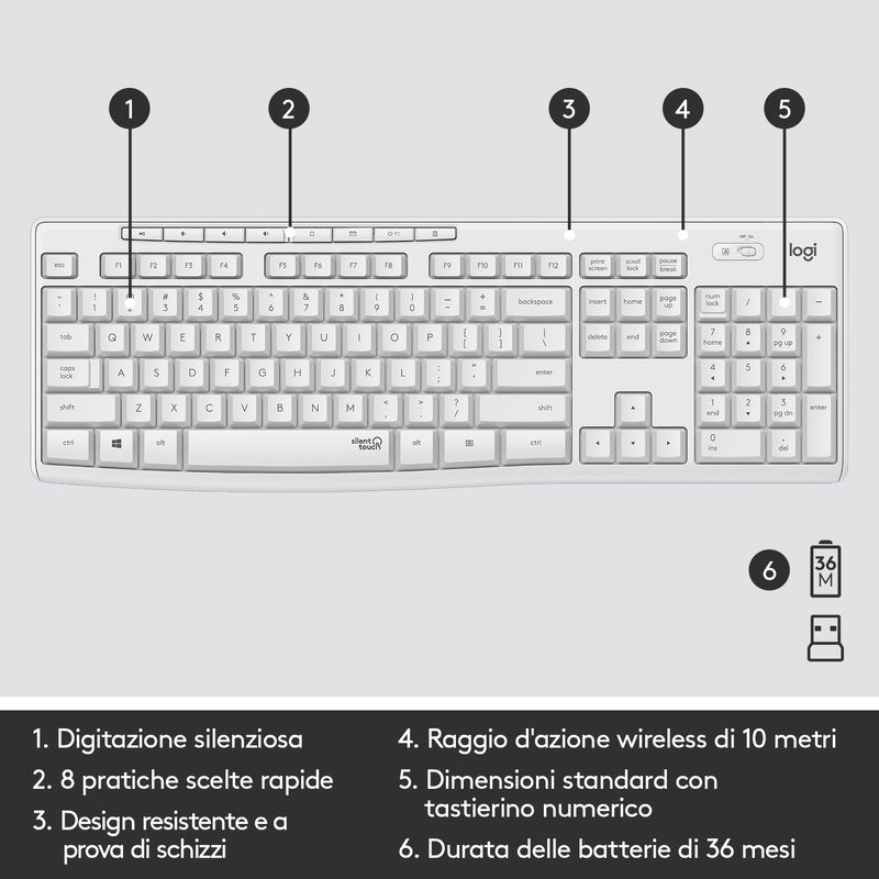 Logitech-MK295-Kit-Mouse-e-Tastiera-Wireless-Tecnologia-Silenttouch-Tastierino-Numerico-Tasti-Scelta-Rapida-Tracciamento-Ottico-Ricevitore-USB-Nano-Layout-Italiano-Qwerty-Bianco