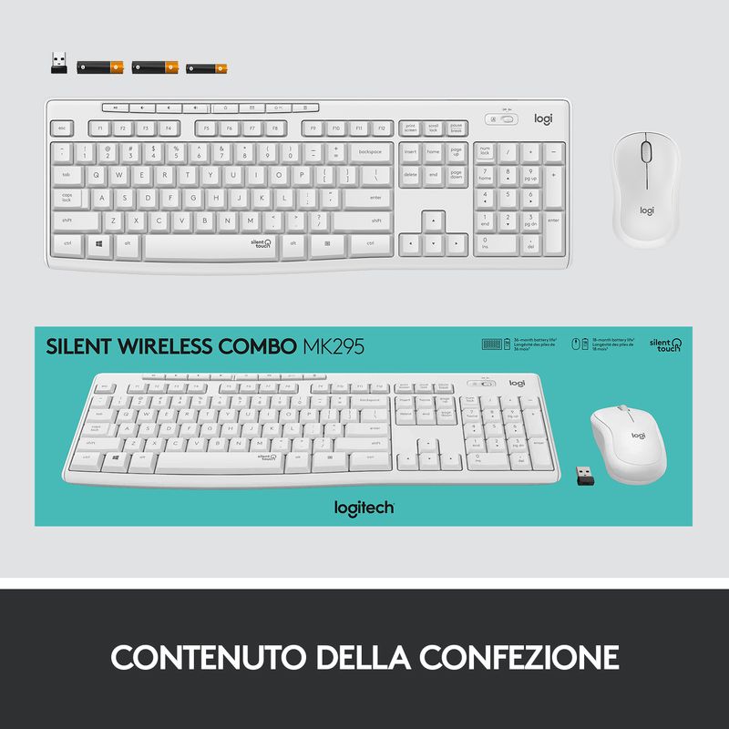 Logitech-MK295-Kit-Mouse-e-Tastiera-Wireless-Tecnologia-Silenttouch-Tastierino-Numerico-Tasti-Scelta-Rapida-Tracciamento-Ottico-Ricevitore-USB-Nano-Layout-Italiano-Qwerty-Bianco