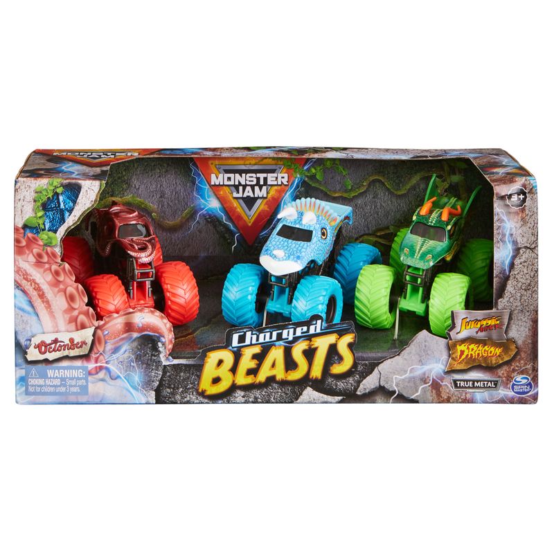 Monster-Jam--set-Charged-Beasts-Monster-Truck-die-cast-Dragon-Octon8er-Jurassic-Attack-ufficiali-in-scala-164-giocattoli