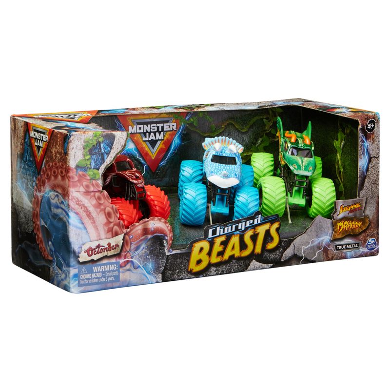 Monster-Jam--set-Charged-Beasts-Monster-Truck-die-cast-Dragon-Octon8er-Jurassic-Attack-ufficiali-in-scala-164-giocattoli