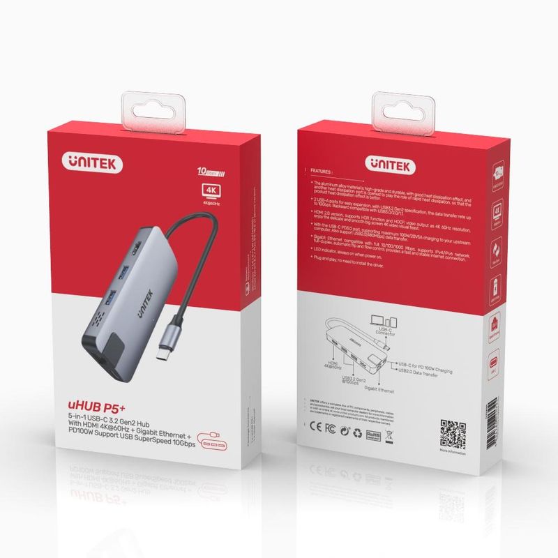 UNITEK-uHUB-P5---USB-2.0-Type-C---100-W---10.100.1000-Mbit-s---Nero---Grigio---HDMI---RJ-45---USB-2.0---USB-3.2-Gen-2--3