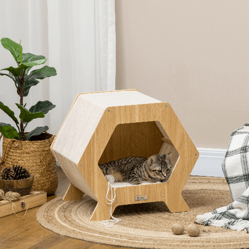 PawHut-Cuccia-per-Gatti-in-Legno-e-Tessuto-con-Cuscino-in-Peluche-Lavabile-49.5x38.5x43.5cm