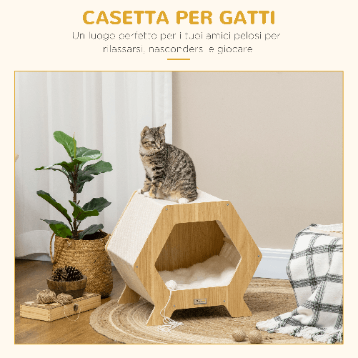 PawHut-Cuccia-per-Gatti-in-Legno-e-Tessuto-con-Cuscino-in-Peluche-Lavabile-49.5x38.5x43.5cm