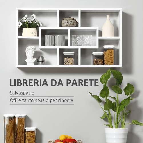 HOMCOM-Pensile-Libreria-da-Parete-Sospesa-8-Vani-in-3-Diverse-Dimensioni-Bianco-85x14.5x47.5cm