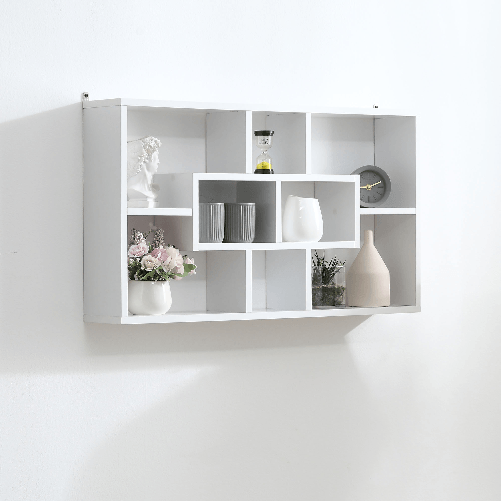 HOMCOM-Pensile-Libreria-da-Parete-Sospesa-8-Vani-in-3-Diverse-Dimensioni-Bianco-85x14.5x47.5cm