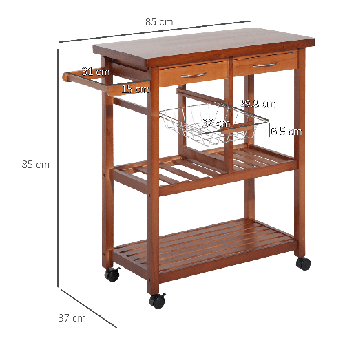 HOMCOM-Carrello-Portata-da-Cucina-in-Legno-con-Portabottiglie-Cestello-2-Ripiani-2-Cassetti-Legno-di-Pino-Resistente-Agevole-Versatile-84.5x37.2x85cm