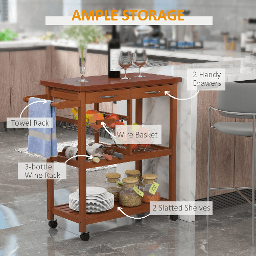 HOMCOM-Carrello-Portata-da-Cucina-in-Legno-con-Portabottiglie-Cestello-2-Ripiani-2-Cassetti-Legno-di-Pino-Resistente-Agevole-Versatile-84.5x37.2x85cm