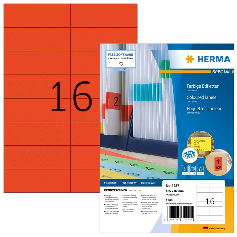 HERMA-Special---Permanent-selbstklebende-matte-Papieretiketten---Rot---105-x-37-mm---1600-Etikett-en---100-Bogen-x-16--