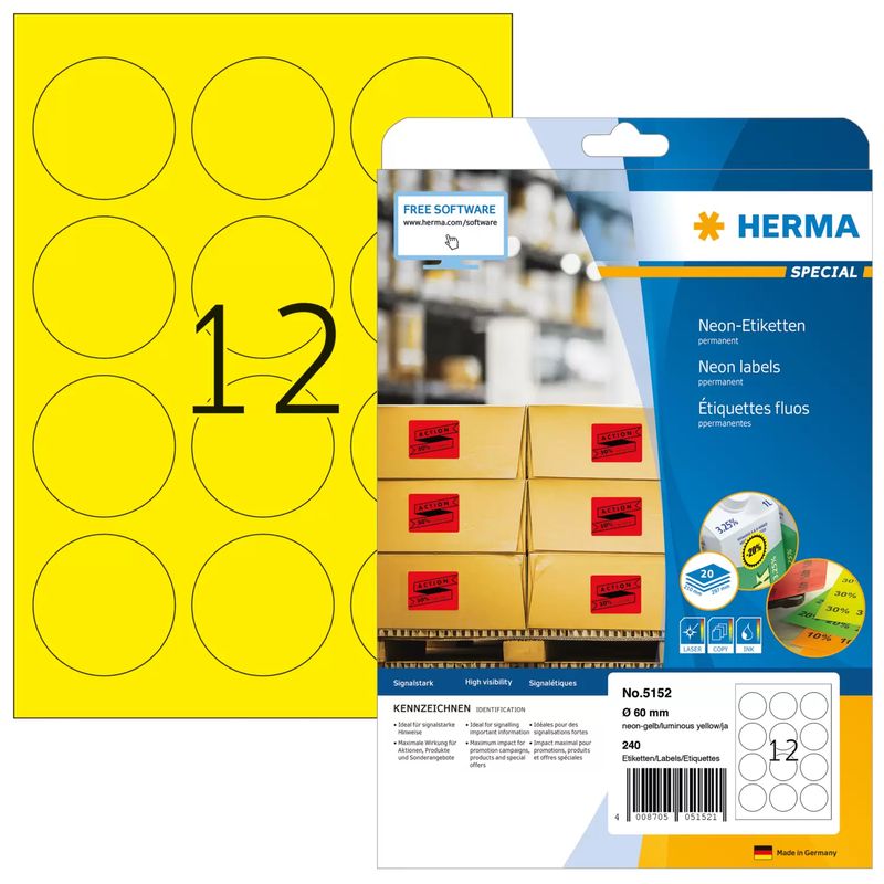 HERMA-Special---Permanent-selbstklebende-matte-fluoreszierende-Papieretiketten---Leuchtendes-Gelb---60-mm-rund---240-E