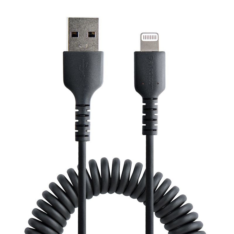 StarTech.com-Cavo-Lightning-a-USB-A-Spiralato-da-1m-Certificato-MFi-Cavetto-iPhone-di-Ricarica-in-Fibra-Aramidica-Resistente-con-Rivestimento-in-TPE-Adattatore-Lightening-USB-Nero--RUSBALT1MBC-