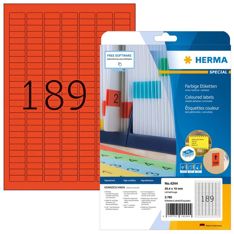 HERMA-Special---Permanent-selbstklebende-matte-Papieretiketten---Rot---254-x-10-mm---3780-Etikett-en---20-Bogen-x-189-