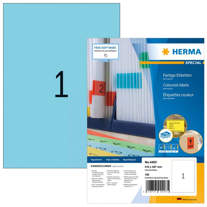 HERMA-Special---Permanent-selbstklebende-matte-Papieretiketten---Blau---A4--210-x-297-mm----100-Etikett-en---100-Bogen-