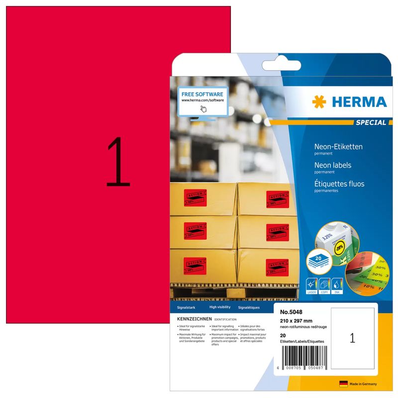 HERMA-Special---Permanent-selbstklebende-matte-fluoreszierende-Papieretiketten---Luminous-Red---A4--210-x-297-mm----20