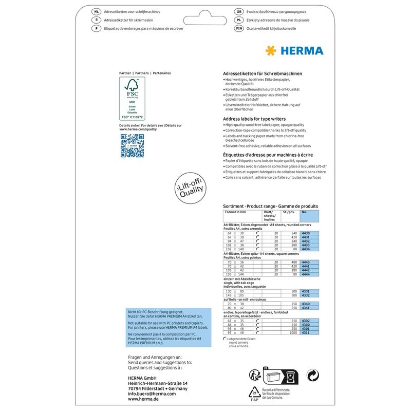 HERMA---Etichette-per-indirizzi-autoadesive--opache----bianco---70-x-36-mm---480-etichetta-e---20-fogli-x-24-----4443-