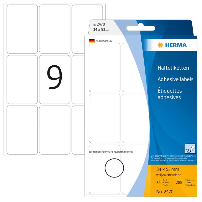 HERMA---Etichette-di-carta-autoadesive-opache-e-permanenti---bianco---34-x-53-mm-288-etichetta-e---32-fogli-x-9---2470-