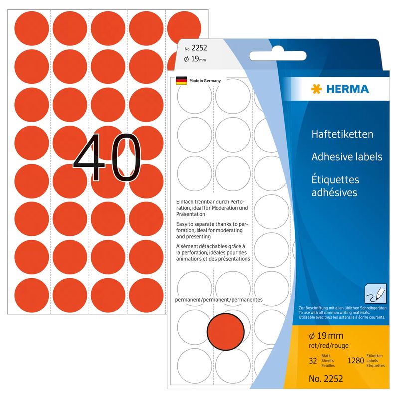 HERMA---carta---opaca---adesivo-permanente---rosso---19-mm-rotondo-1280-etichetta-e---32-fogli-x-40--etichette