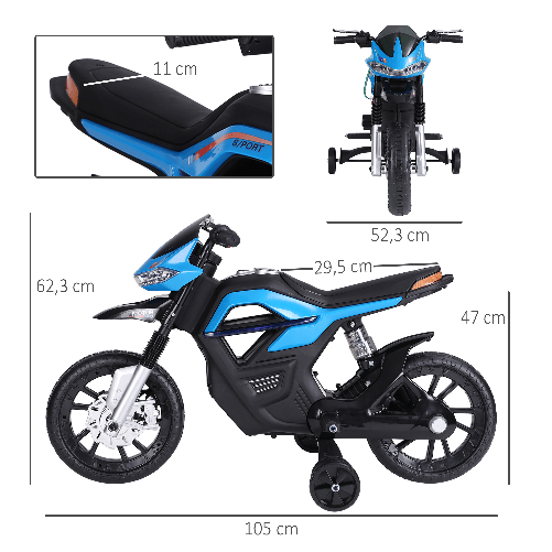 HOMCOM-Moto-Elettrica-per-Bambini-da-6V-con-Rotelle-e-Fari-in-PP-e-Metallo-105x52.3x62.3-cm-Azzurro-e-Nero