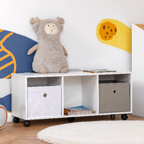 HOMCOM-Mobiletto-Portagiochi-per-Bambini-3-12-Anni-con-Ruote-e-Salvaspazio-90x30x37.9cm-Bianco