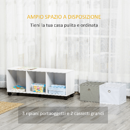 HOMCOM-Mobiletto-Portagiochi-per-Bambini-3-12-Anni-con-Ruote-e-Salvaspazio-90x30x37.9cm-Bianco
