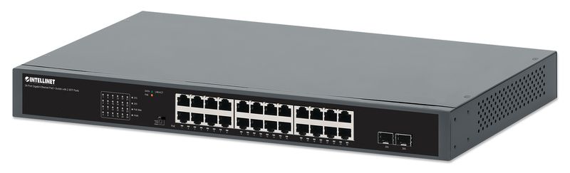 Der-Intellinet-Network-Solutions-24-Port-Gigabit-Ethernet-PoE--Switch-mit-2-SFP-Ports-ubertragt-sowohl-Daten-als-auch-St