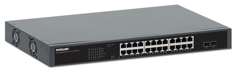 Der-Intellinet-Network-Solutions-24-Port-Gigabit-Ethernet-PoE--Switch-mit-2-SFP-Ports-ubertragt-sowohl-Daten-als-auch-St