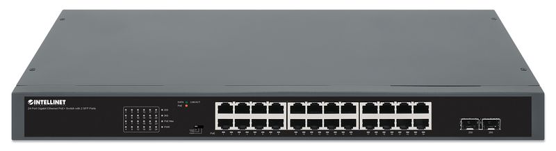 Der-Intellinet-Network-Solutions-24-Port-Gigabit-Ethernet-PoE--Switch-mit-2-SFP-Ports-ubertragt-sowohl-Daten-als-auch-St