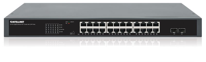 Der-Intellinet-Network-Solutions-24-Port-Gigabit-Ethernet-PoE--Switch-mit-2-SFP-Ports-ubertragt-sowohl-Daten-als-auch-St