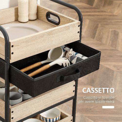 HOMCOM-Carrello-da-Cucina-a-4-Livelli-con-Cassetto-e-Vassoi-Portavivande-Legno-e-Acciaio-45x35x79.5cm